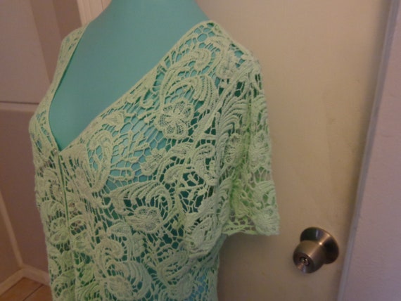 Mint Green Crochet Lace Button Down Top with Cap … - image 2