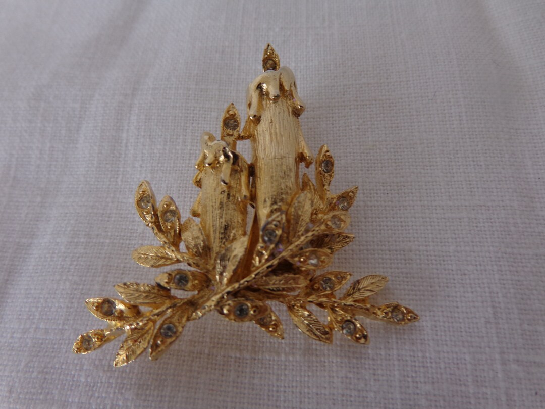 CANDLE BROOCH Vintage Gold Tone / Rhinestone Christmas Etsy UK