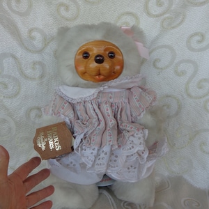 RAIKE'S SALLY BEAR #17007 - 15" Ltd Edition Raike Plush Light Beige Sally Bear with Wood Face and Original Tag - 1980's - Stuffed Bear