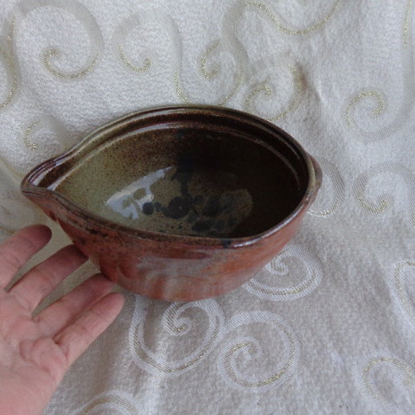 STONEWARE BOWL with SPOUT - 6 3/4" D x 3" H - Stoneware Rust and Brown Tone Glazed Bowl with Handle and Spout - Imprint Design at Base