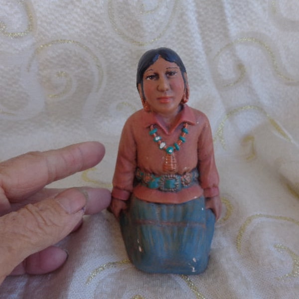 NAVAJO WOMAN KNEELING - 4 1/4"H x 3 1/4"W x 3 1/4"D - Ceramic Signed Hand-Painted Navajo Woman painted in 1995 from Sittre Ceramics Mold