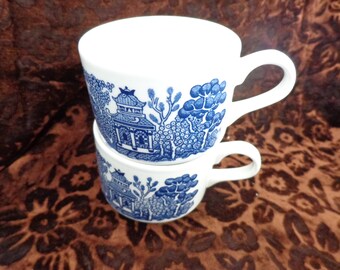 BLUE WILLOW MUG Pair- Churchill England Blue Willow Teacups - Blue Willow Mugs - Stacking Blue Willow Cups