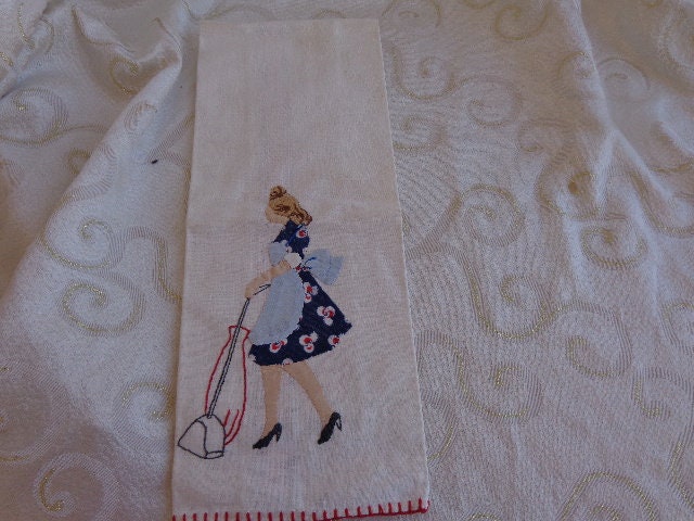 APPLIQUED TEA TOWEL - Vintage 17 1/2 x 32 Hand Embroidered and Quilted  Kitchen Towel Lady with Vacuum