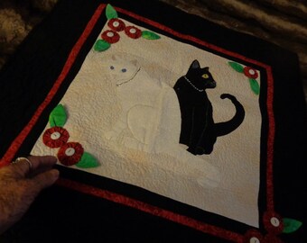 WALL HANGING CAT Quilted Square - 26"W x 25"H - Hand Made Machine Stitched Quilt Square - Black and White Cats and Flowers -