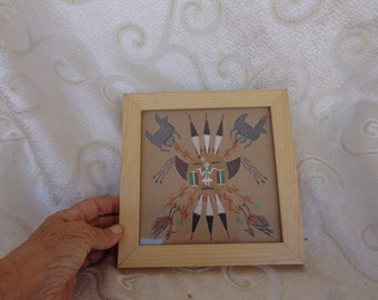 NAVAJO SUN SHIELD Sand Painting with Animals - Signed - 7 1/2" x 7 1/2" - Sand Painting Including the Frame - Authentic Navajo Sand Art