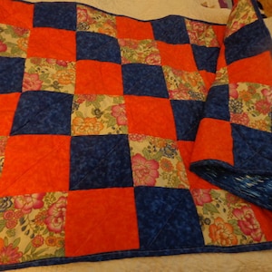 ORANGE & BLUE PATCH Quilt - 58" x 34 1/2" - All cotton Machine Quilted Patchwork Quilt in Blue, Orange and Flower Fabric