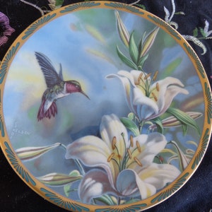 May include: A decorative plate with a hummingbird in flight over white lilies. The plate has a gold rim with a green and gold design. The artist's signature, "C.G. Nelson", is visible in the lower left corner.