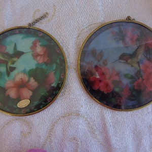 May include: Two round, gold-framed glass ornaments with hummingbird and floral designs. The top ornament features a blue hummingbird with pink flowers and green leaves. The bottom ornament features a green hummingbird with red flowers and green leaves.