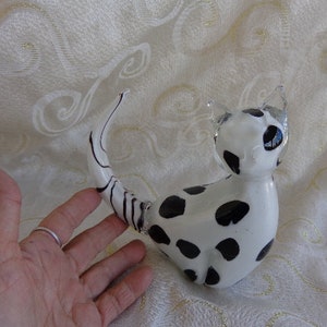 GLASS ART KITTY - Murano Hand Blown Glass Cat - 6&quot;H x 6 1/4&quot;L x 2 1/2&quot;W - Hand Blown Glass Art White Cat with Black Stripes and Dots