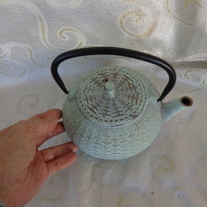 CAST IRON TEAPOT - 7 1/2 L w/spout   6 1/2&quot;H w/handle - Light Green Verdigris Teapot with Iron Handle has Basket Weave Design