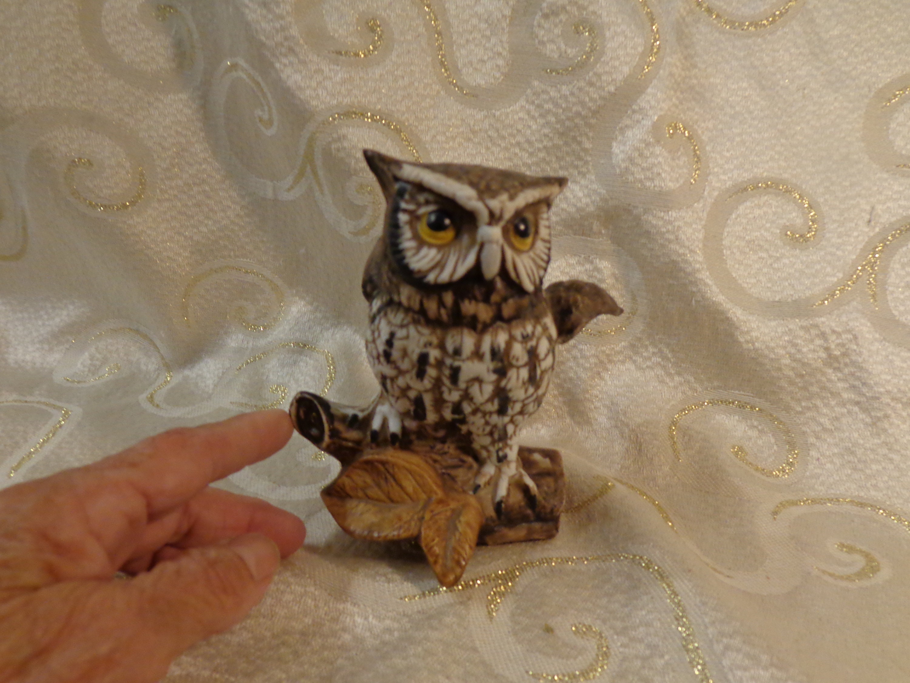 HORNED OWL FIGURINE - Porcelain by Homco - 5 1/2"H x 4"W x 4"D - Hand-Painted Porcela