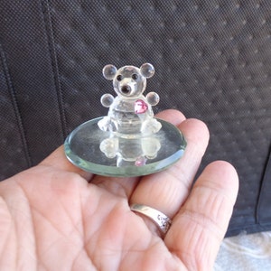 CRYSTAL TEDDY BEAR with pink Heart -  1 &quot; X  2&quot; diameter Crystal Cut Teddy with Colorful Crystal  Pink Heart on Mirror