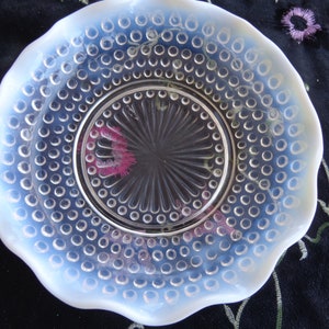 ANCHOR HOCKING BOWL 7 1/2&quot; Moonstone 1940&#39;s Candy Dish - Clear Hobnail with White Rim
