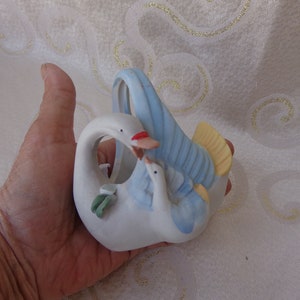 PORCELAIN BISQUE 3 1/2" SWAN Basket - Hand Painted Swan and Baby Cignet Small Basket Ring or Trinket Box Figurine - White/Blue/Yellow