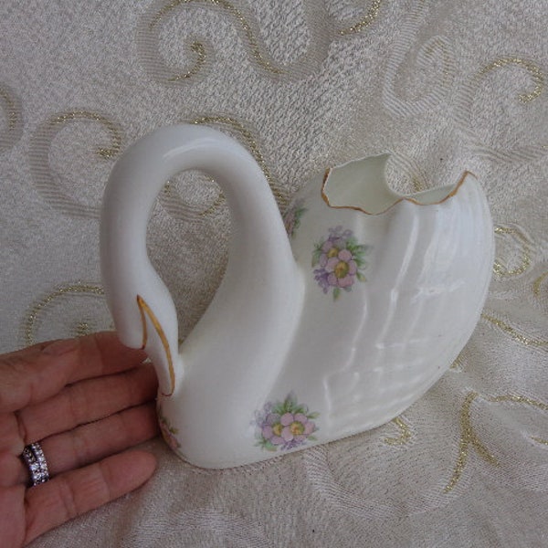 ROYAL TARA GALWAY Ireland Swan Vase - 8"L x 5 1/2"H x 4 1/4"W - Irish Made Gold Trimmed Porcelain Swan Vase with Floral Designs  1960's