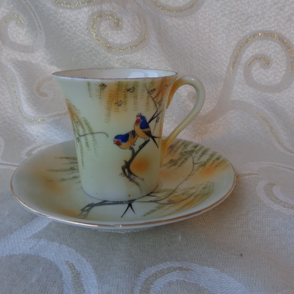 ANTIQUE WEEPING WILLOW and Birds Yellow Japanese Demitasse Eggshell Cup and Saucer- Hand Painted Weeping Willows/ Two Birds with Gold Trim