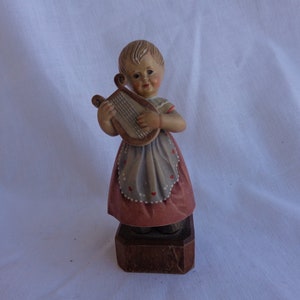 ITALY LITTLE GIRL with Harp  - Made In Italy Girl and Harp -Little Girl in Red Skirt and Gray painted apron