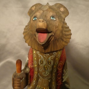 CARVED RUSSIAN BEAR - Carved Folk Art Wooden Bear    9&quot;H x 3 1/4&quot;W x 4 3/4&quot;D    Highly Detailed Hand Carved and Hand Painted Wooden Bear