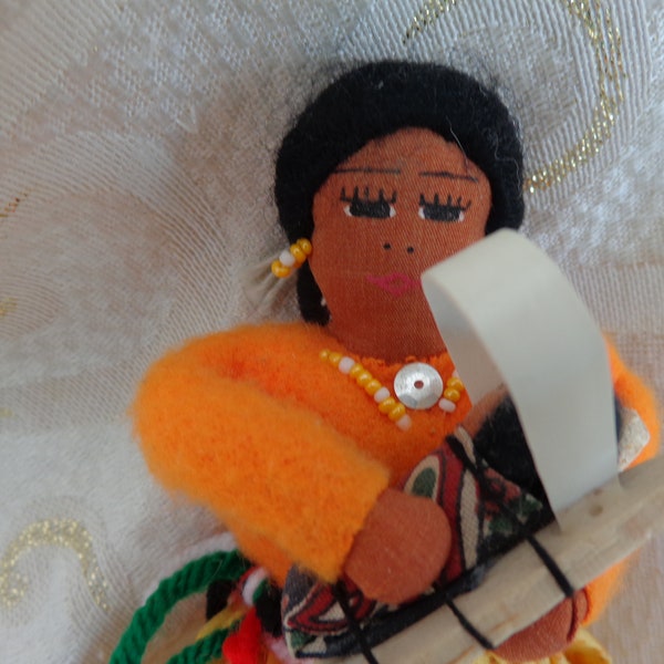 NAVAJO LADY with BABY Doll - 7 3/4"H - Geniune Navajo Hand Made Hand Painted Cloth Doll and her Baby in Cotton and Fleece/Beaded Jewelry