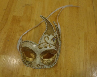 VENETIAN OPERA MASK - Venetian Gold and Cream Opera Mask - Crackle Finish Mask with Picture of Castle- Masquerade Mask -