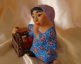 UZBEK MOTHER and BABY - 4"H x 4"W x 3 3/4" Deep - Red Clay Pottery Figurine of Mother Rocking Baby - Hand Painted Ethnic Pottery