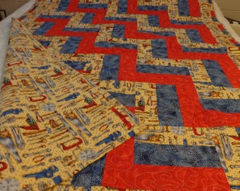 HAND TOOLS QUILT - 71" x 52"   Machine Quilted Workshop Theme Quilt   Red Zig Zag and Tools Pieced Quilt    Never Used