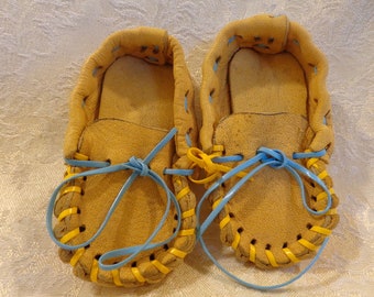 Vintage BABY DEERSKIN MOCCASINS - 4 1/4" Hand Made Deerskin Moccasins with Plastic Laces - Never Used - Only Shown