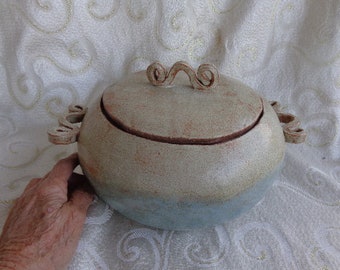 GLAZED EARTHENWARE CASSEROLE with Lid - 9"D x 5"H w/ Lid - Hand Crafted Earthenware Glazed Clay Pottery Aqua and Beige Glazed Casserole Set