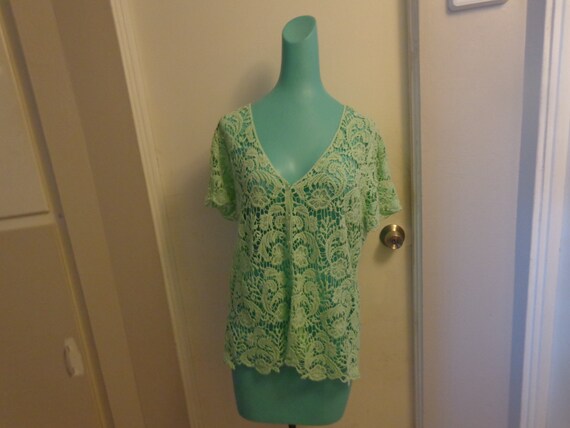 Mint Green Crochet Lace Button Down Top with Cap … - image 3