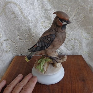 BOHEMIAN WAXWING By Lefton # 1283 - 6 1/2&quot;H x 5&quot; L x 3 3/4&quot; W - Porcelain Bisque Hand Painted Bohemian Waxwing on Branch