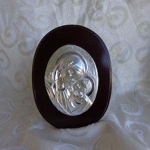WOOD PLAQUE of Mary and Jesus - Silvertone plaque on wood of the Madonna and Child - stands alone or can be hung