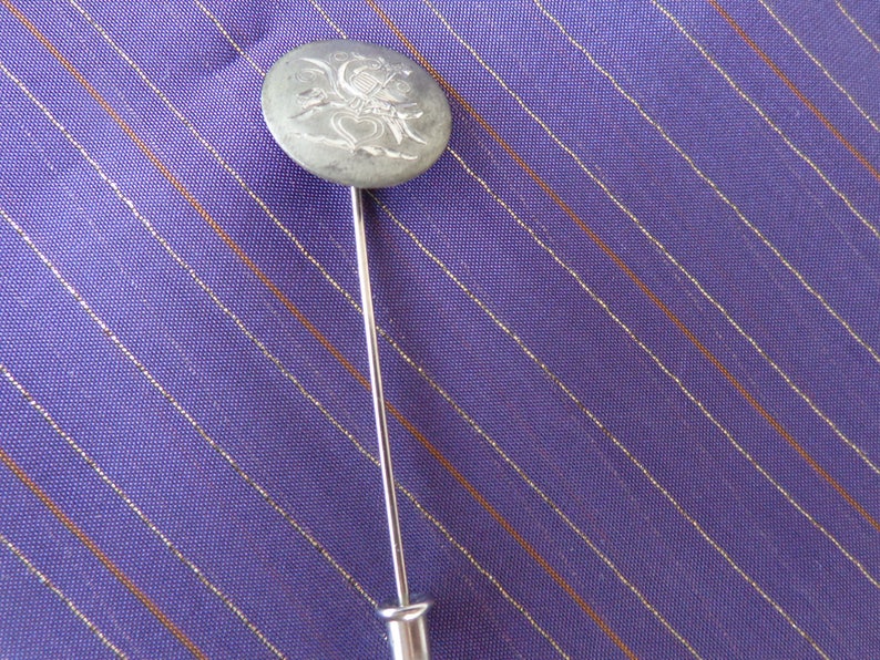 BIRD STICK PIN English Stick Pin Bird Scene in etched metal Pin England and Castle on back
