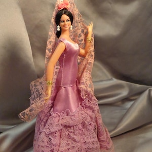 MARIN CHICLANA SPANISH Dancer Doll - 10&quot;H - Violet Ruffled gown - with built in stand