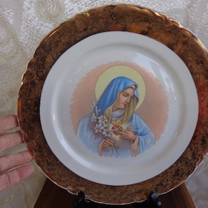 SACRED HEART MARY Plate - 10&quot; Diameter - Thick 24K Gold Trim