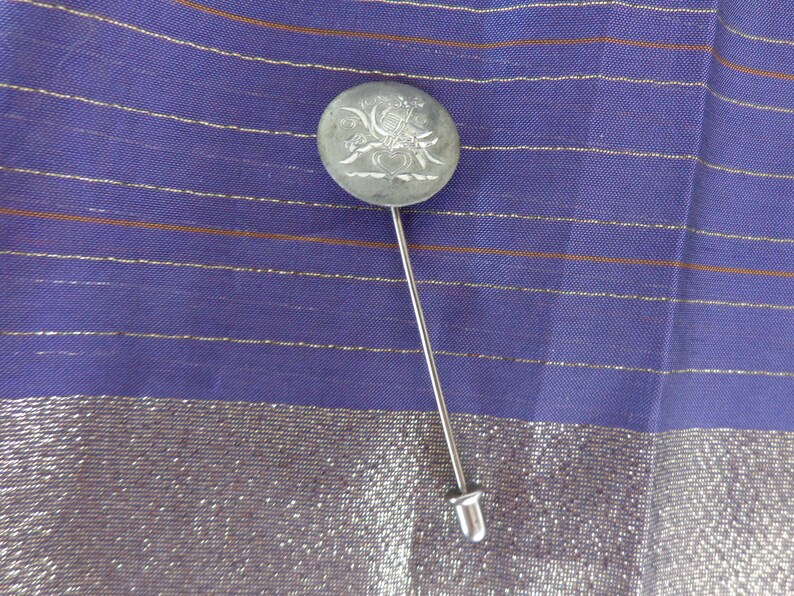 BIRD STICK PIN English Stick Pin Bird Scene in etched metal Pin England and Castle on back