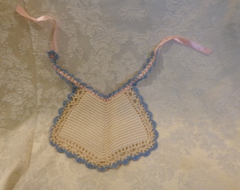 Vintage HAND CROCHETED 40s 50s BABY Bib - 7 1/4" wide 5" High Cream, Blue and Pink Baby Bib - Stored - Never Used