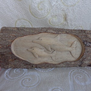 CARVED DOLPHIN WALL Plaque - 11 3/4&quot;L x 5 3/4&quot;H x 1&quot;D - Hand Carv4ed Dolphin Pair Wood Plaque with Natural Bark Framing the Art