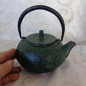 CAST IRON TEAPOT  - 6 1/2 L w/spout   6&quot;H w/handle - Bamboo Design Dark Green Verdigris Teapot with Iron Handle