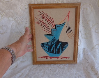 NAVAJO "TURQUOISE VASE" Unsigned " 13 1/4"H x 10 3/4"W - Sand Painting Including the Frame - Authentic Navajo Sand Art - Wood Frame