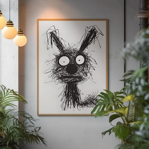 Poster Scribble Bunny – Abstract Rabbit Line Art, Black & White Funny Animal Print