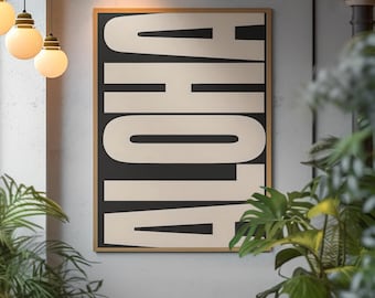 Arte tipográfico minimalista Aloha / Impresión costera en blanco y negro / Descarga instantánea para decoración de casa de playa