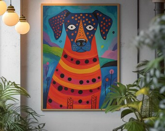 May include: A colorful painting of a dog with orange, red, yellow, blue, and black stripes and spots. The dog is set against a blue background with green, purple, and pink hills in the distance.