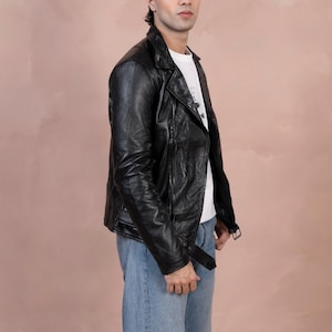 Handmade Black Lambskin Leather Biker Jacket - Distressed Motorcycle Style