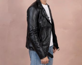Chaqueta de motociclista de piel de cordero negra hecha a mano - Estilo motociclista desgastado