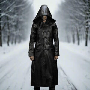 Mens Black Leather Hooded Coat