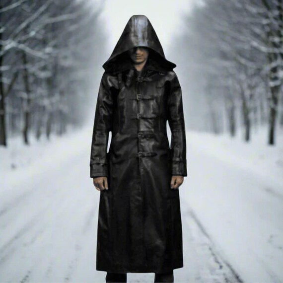 Mens Black Leather Hooded Coat