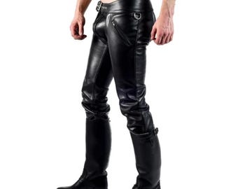 Pantalones convertibles de cuero para hombre con suspensorio desmontable