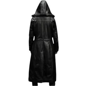 Pu&ograve; includere: Un lungo cappotto di pelle nera con un ampio cappuccio. Il cappotto ha una silhouette lunga e fluida e un collo alto.