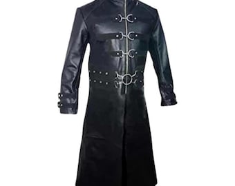 Abrigo largo de cuero negro gótico para hombre