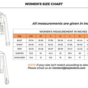 May include: A women's size chart with measurements in inches for bust, waist, hips, sleeves, and shoulder. Includes diagrams of a jacket, with text indicating measurement points. Contact information is provided.